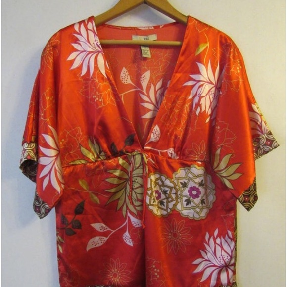 Tops - Red Asian Silky Blouse Kimono Floral Boho Hippy